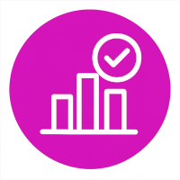 White bar chart and checkmark inside a vibrant magenta circle, symbolizing community polls, user metrics, and collective feedback.