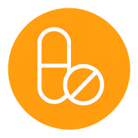 White capsule and scored tablet icon on a bold orange circle, representing typical modafinil dosing and split-use strategies.