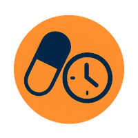 White capsule and clock icon inside an orange circle, representing dosage and timing