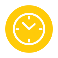 White clock icon inside a bright yellow circle, representing modafinil’s long-lasting effects and sustained alertness throughout the day.