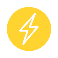 White lightning bolt inside a bright yellow circle, symbolizing modafinil’s energizing effect and sustained wakefulness without crashes.