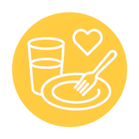 White fork, knife, and water droplet icon inside a blue circle, representing food and hydration