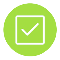 White checkmark inside a square on a lime green circle, representing productive focus and intentional task planning with modafinil.