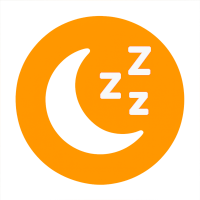 White crescent moon and Zs inside a bold orange circle, representing modafinil’s effect on evening wind-down and sleep quality.