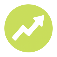 White upward trending arrow inside a bright lime green circle, symbolizing the growing popularity and adoption of modafinil among professionals