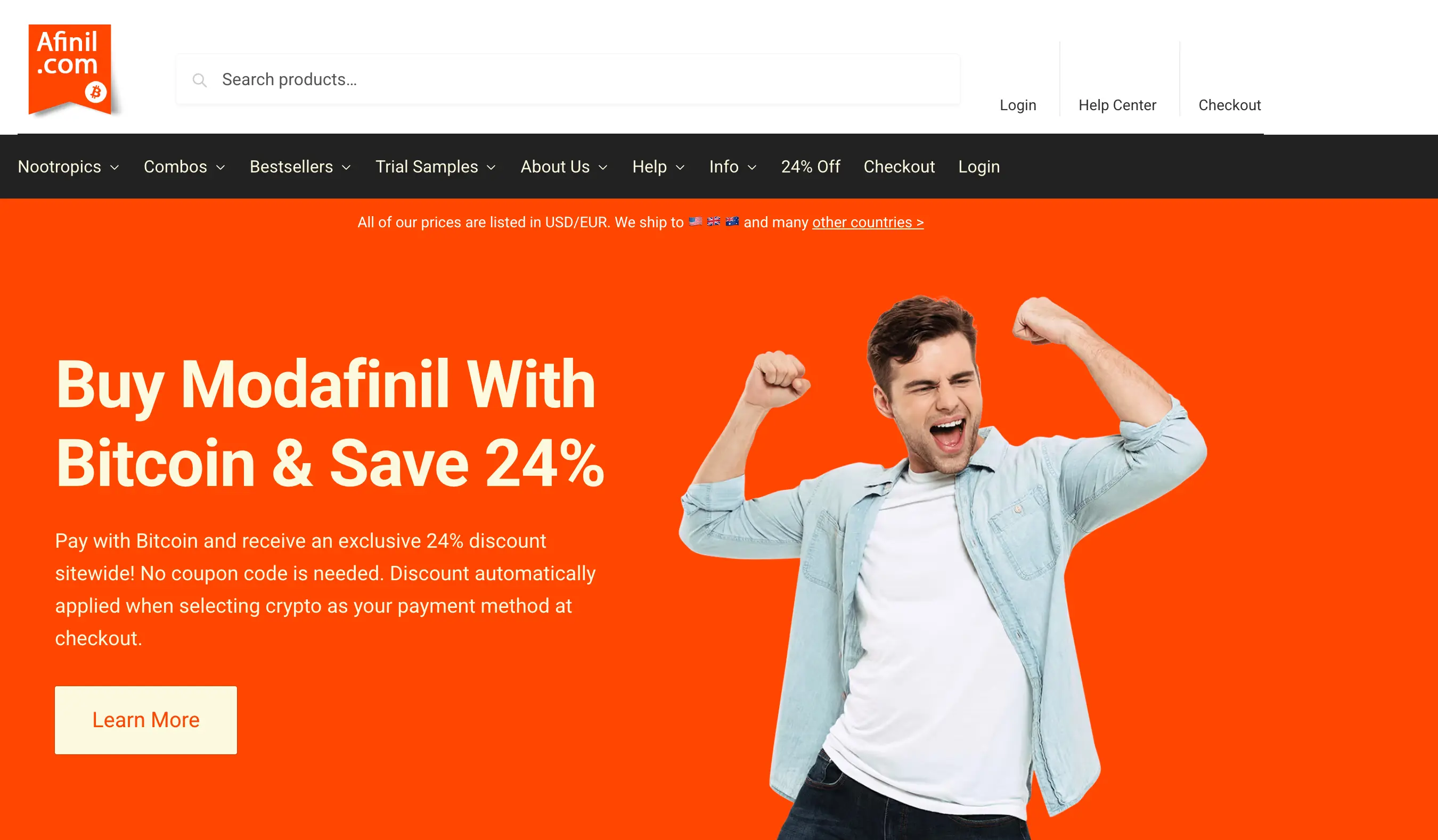 Screenshot of Afinil.com homepage showing modafinil products and pricing