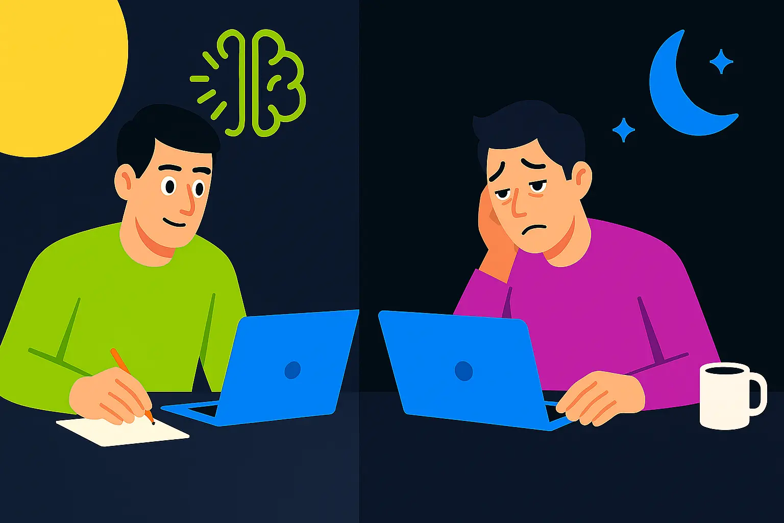 Split image showing contrast between productive work during day vs attempting all-nighter - one side bright and focused, other side showing fatigue and diminished performance despite alertness