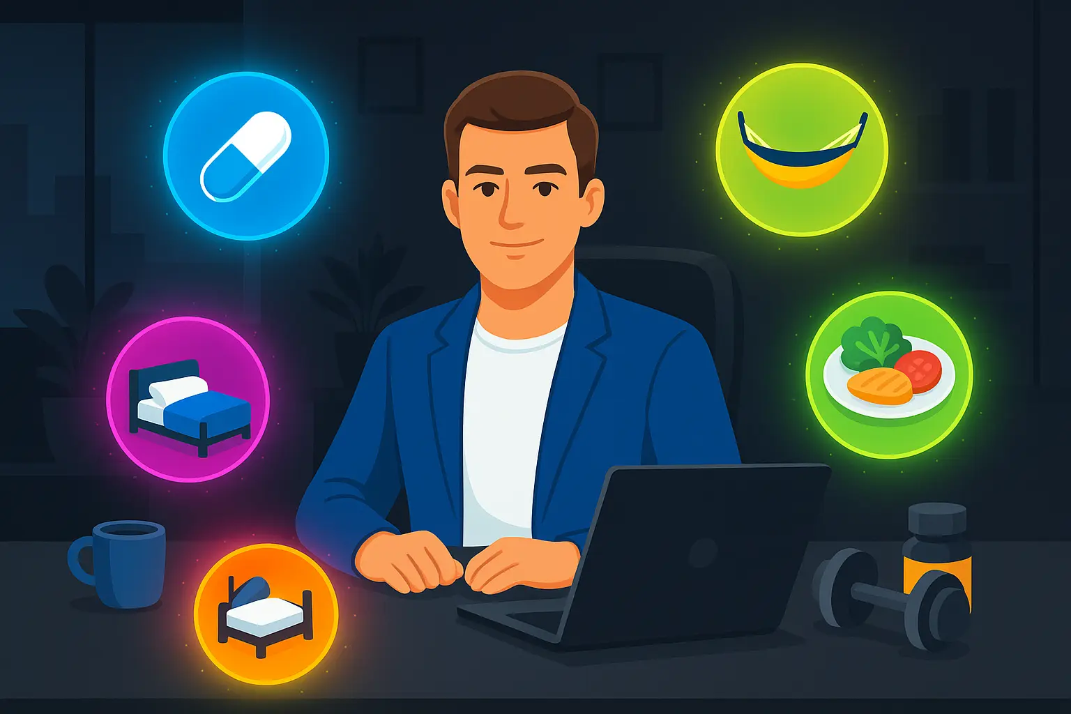 Conceptual image showing work-life balance with modafinil as one tool among many - including sleep, exercise, healthy food, and downtime - all contributing to professional success