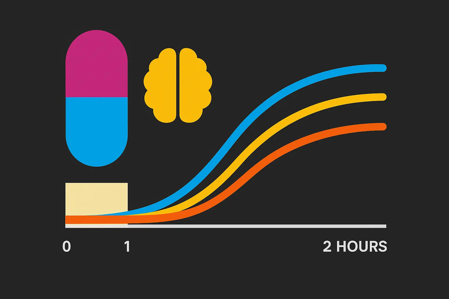 An infographic visually explaining Modafinil dosage, timing, and onset. Could show a pill icon with common dosages (50mg, 100mg, 200mg), a clock icon indicating morning dosing, and a timeline graphic illustrating the 30-60 minute onset period leading to peak effects in 2-4 hours. Clean, informative, medical/technical aesthetic.