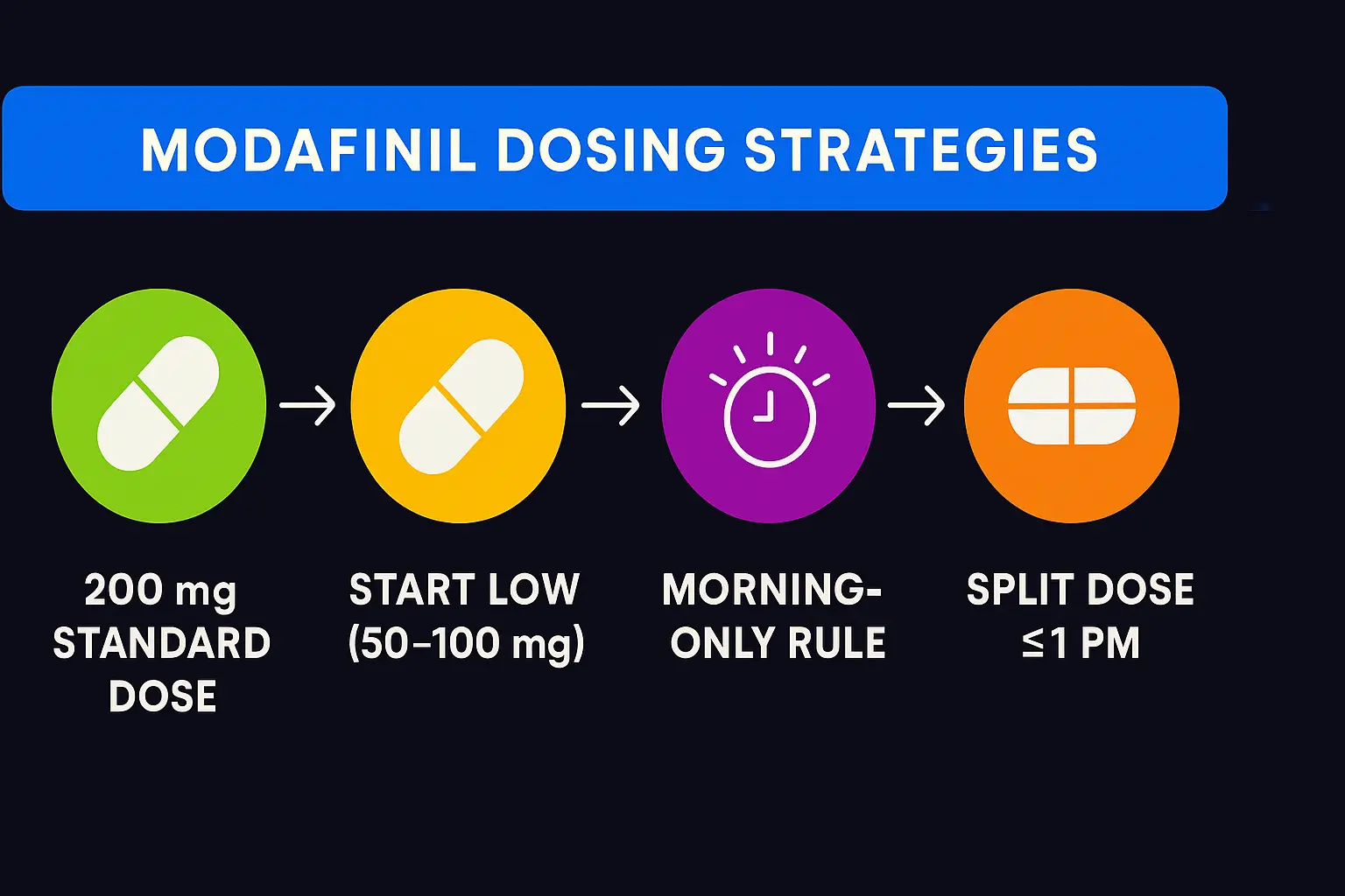 Clock showing optimal modafinil dosing times with morning highlighted, alongside pill illustrations showing 50mg, 100mg, and 200mg doses