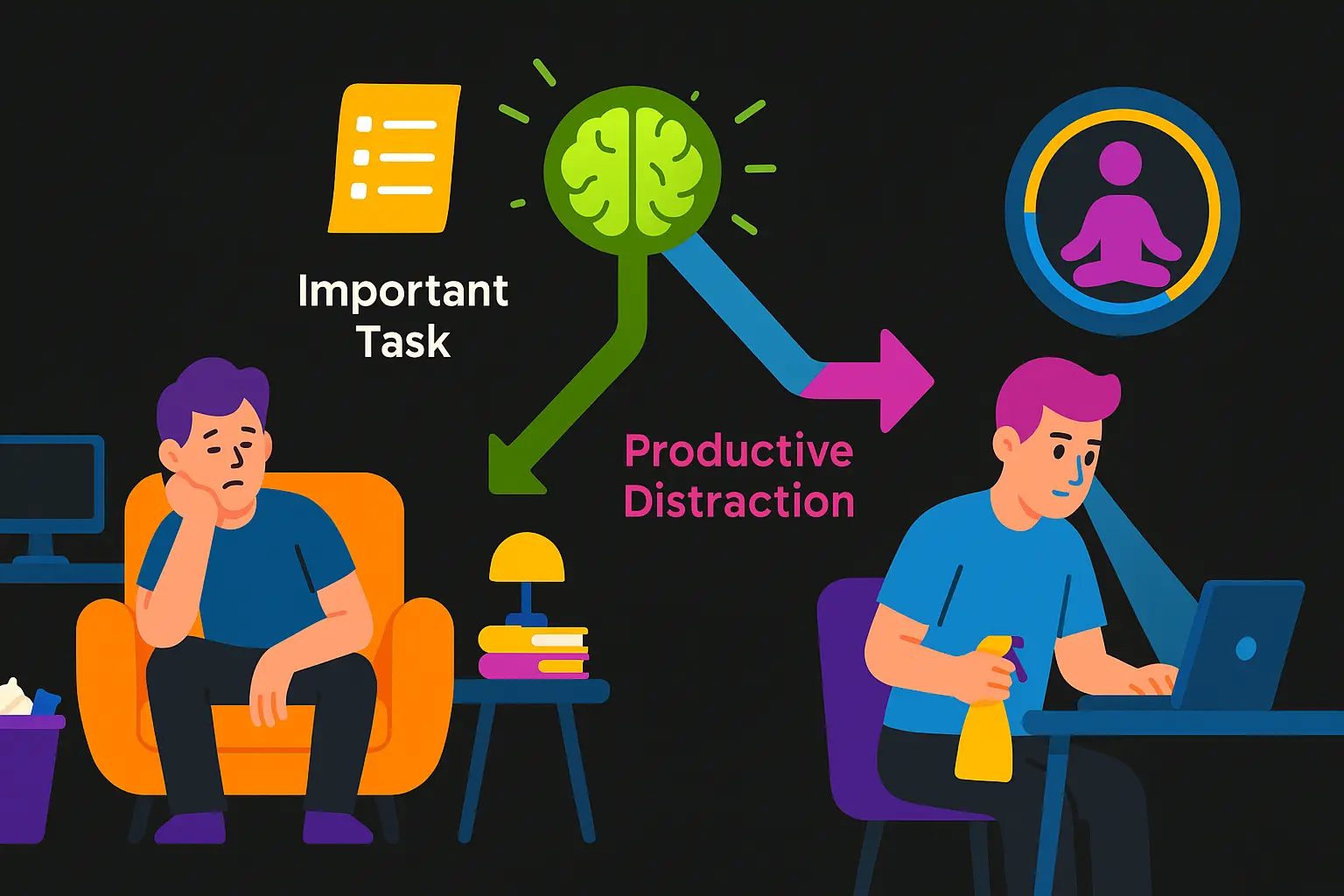 A split-panel image or contrasting visual. One side shows a distracted person with scattered papers and a dim, chaotic background. The other side shows the same person focused, working efficiently at a clean desk with a bright, clear background, symbolizing Modafinil's effect on enhancing focus and task completion. Use a modern, relatable illustration style.
