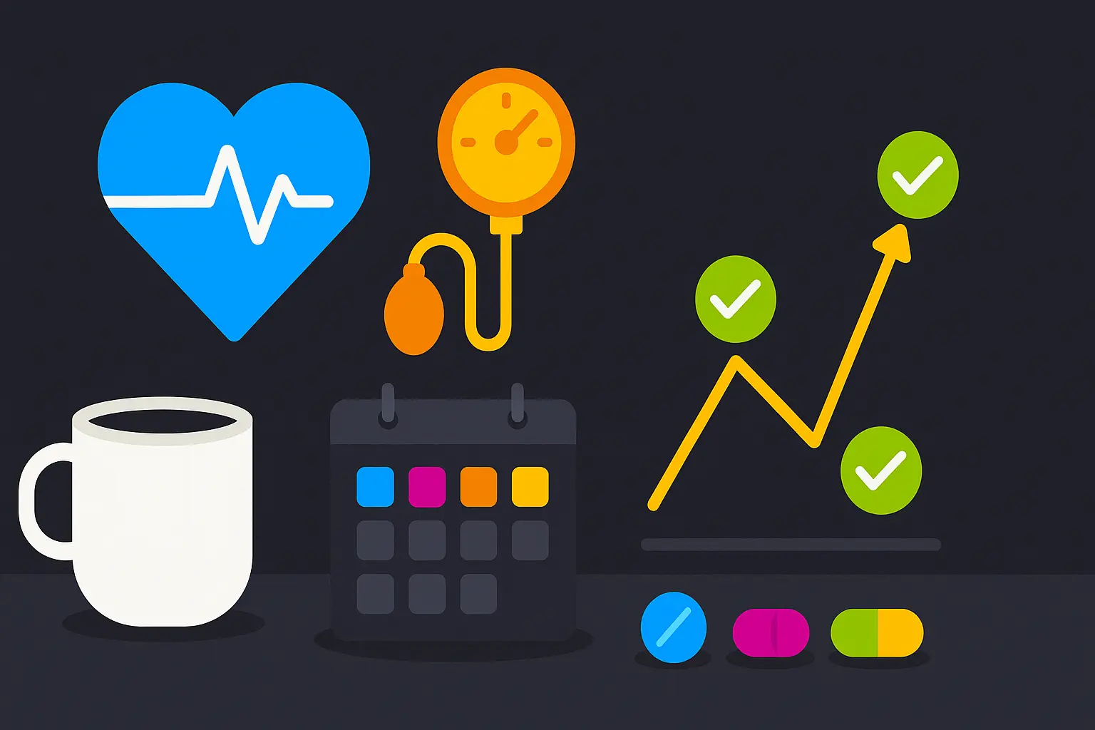 Medical monitoring concept showing health metrics, calendar showing years of use, and positive health indicators for long-term modafinil users