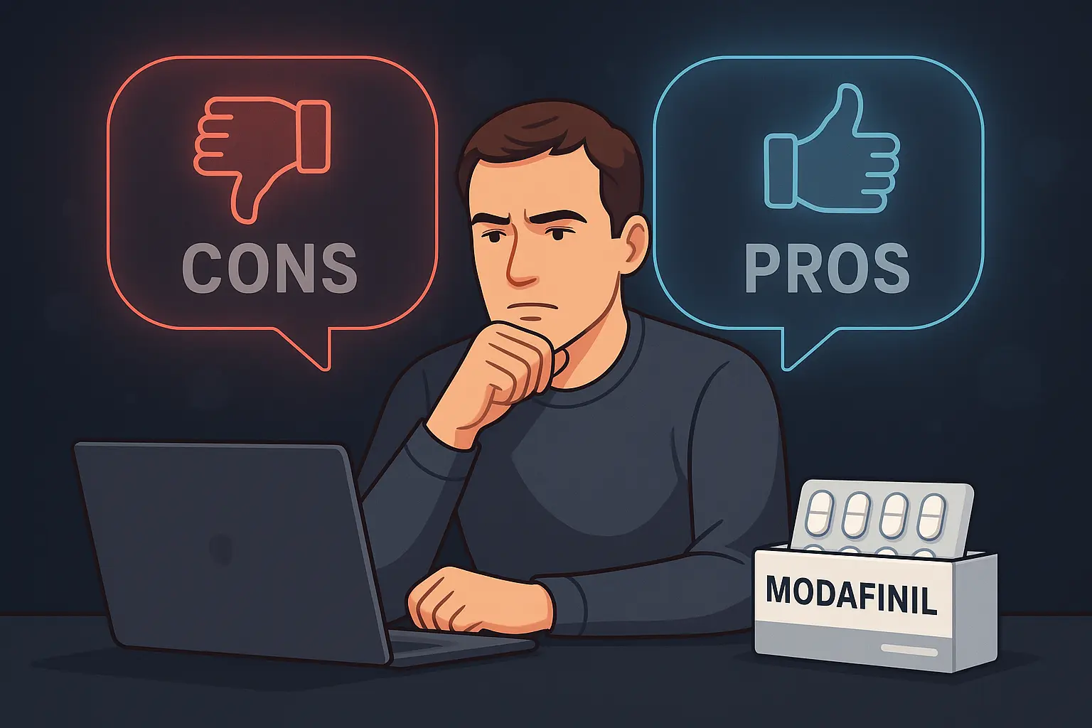 Person weighing pros and cons of ordering modafinil online