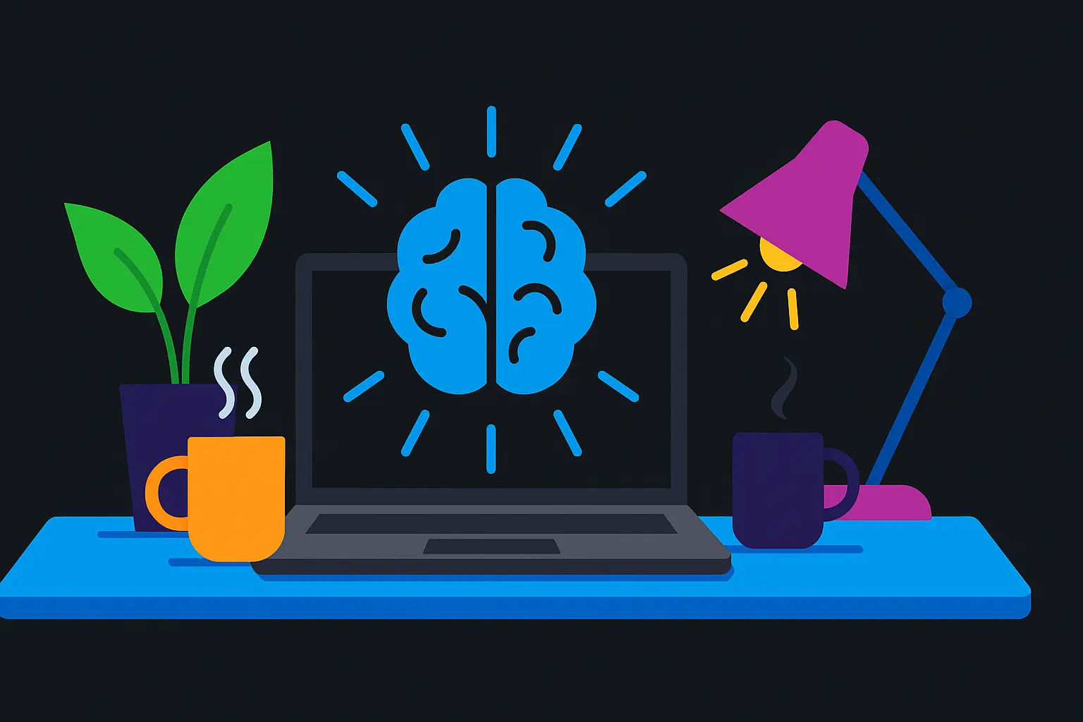 Modern professional workspace with subtle hints of productivity enhancement - clean desk, laptop, coffee cup, and abstract representation of focus and clarity
