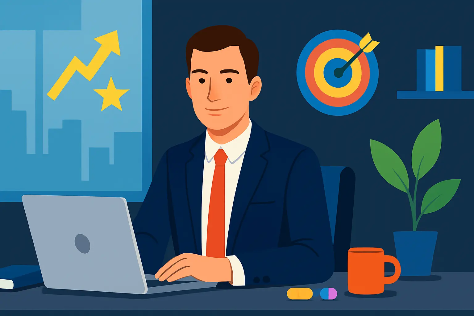 Professional at desk in a modern office, looking confident and productive, with subtle visual metaphors for enhanced focus and achievement