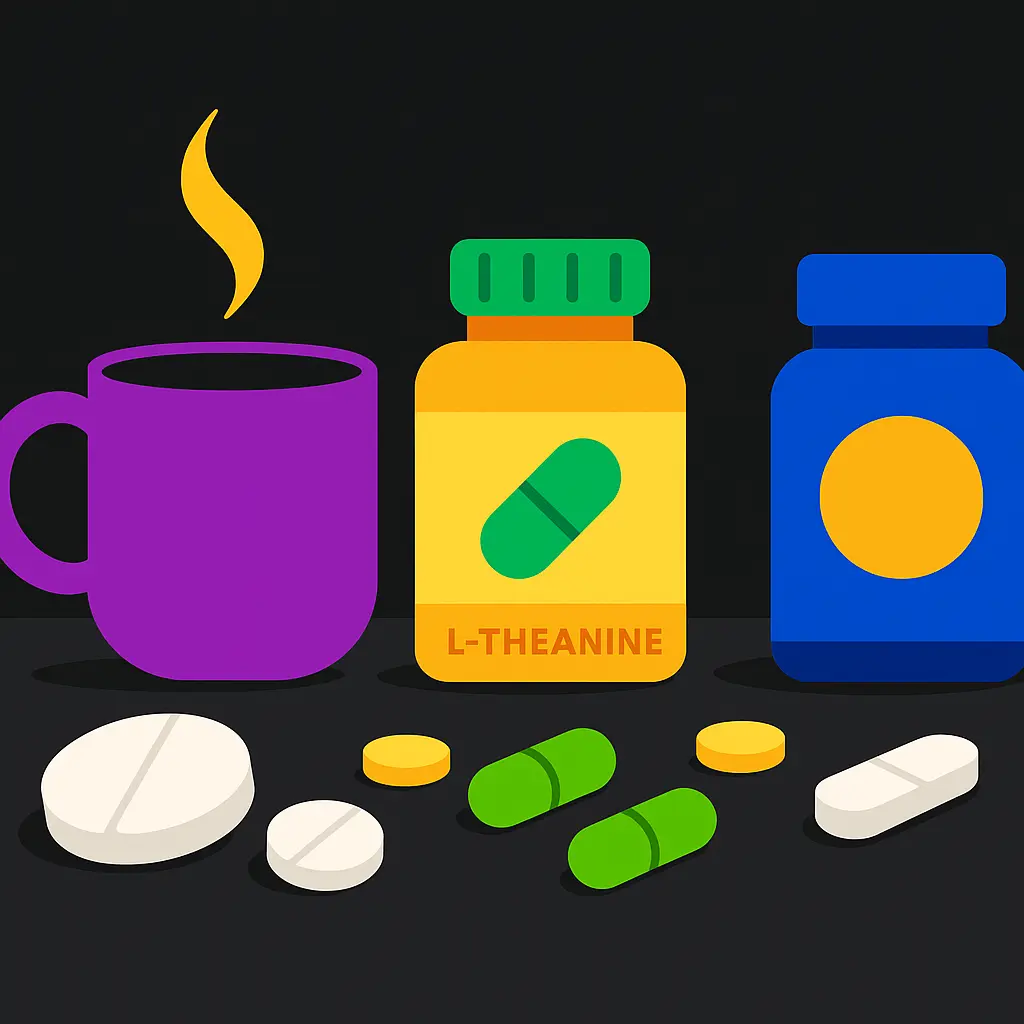 Arrangement of common modafinil stack components - coffee cup, L-theanine capsules, and other nootropic supplements on a clean workspace