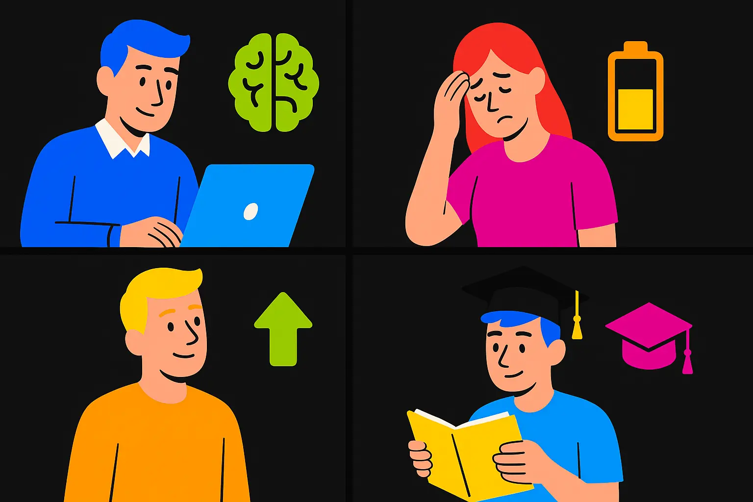 A visually engaging infographic or collage depicting four distinct user personas for Modafinil: an adult focused on work (ADHD), a person managing fatigue (CFS/ME), an individual seeking a mood lift (Depression), and a student/biohacker aiming for peak productivity. Each persona could have subtle icons representing their goals (e.g., brain for focus, battery for energy, upward arrow for mood, graduation cap for study). Modern flat design style.