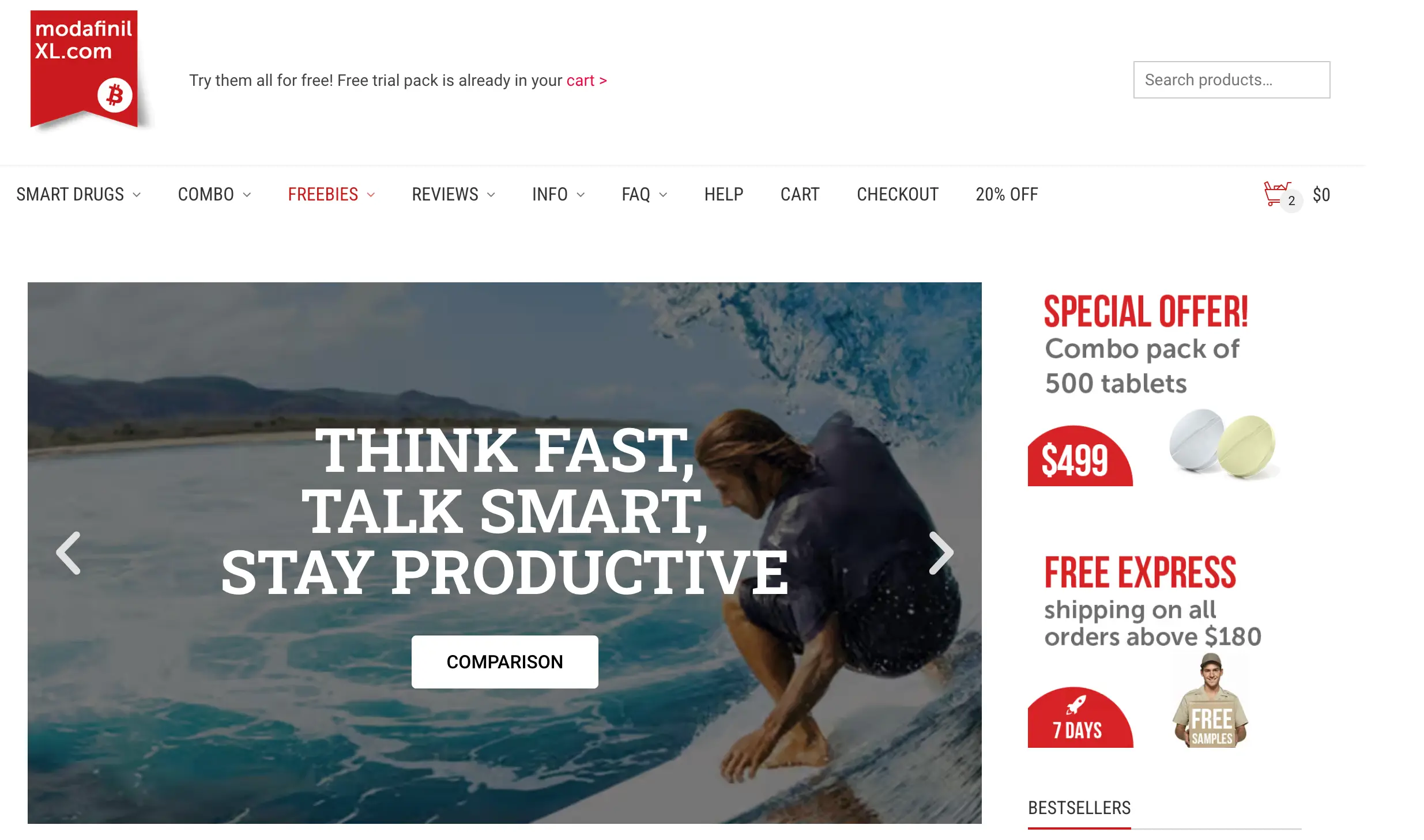 ModafinilXL homepage showing bulk discount pricing and product selection