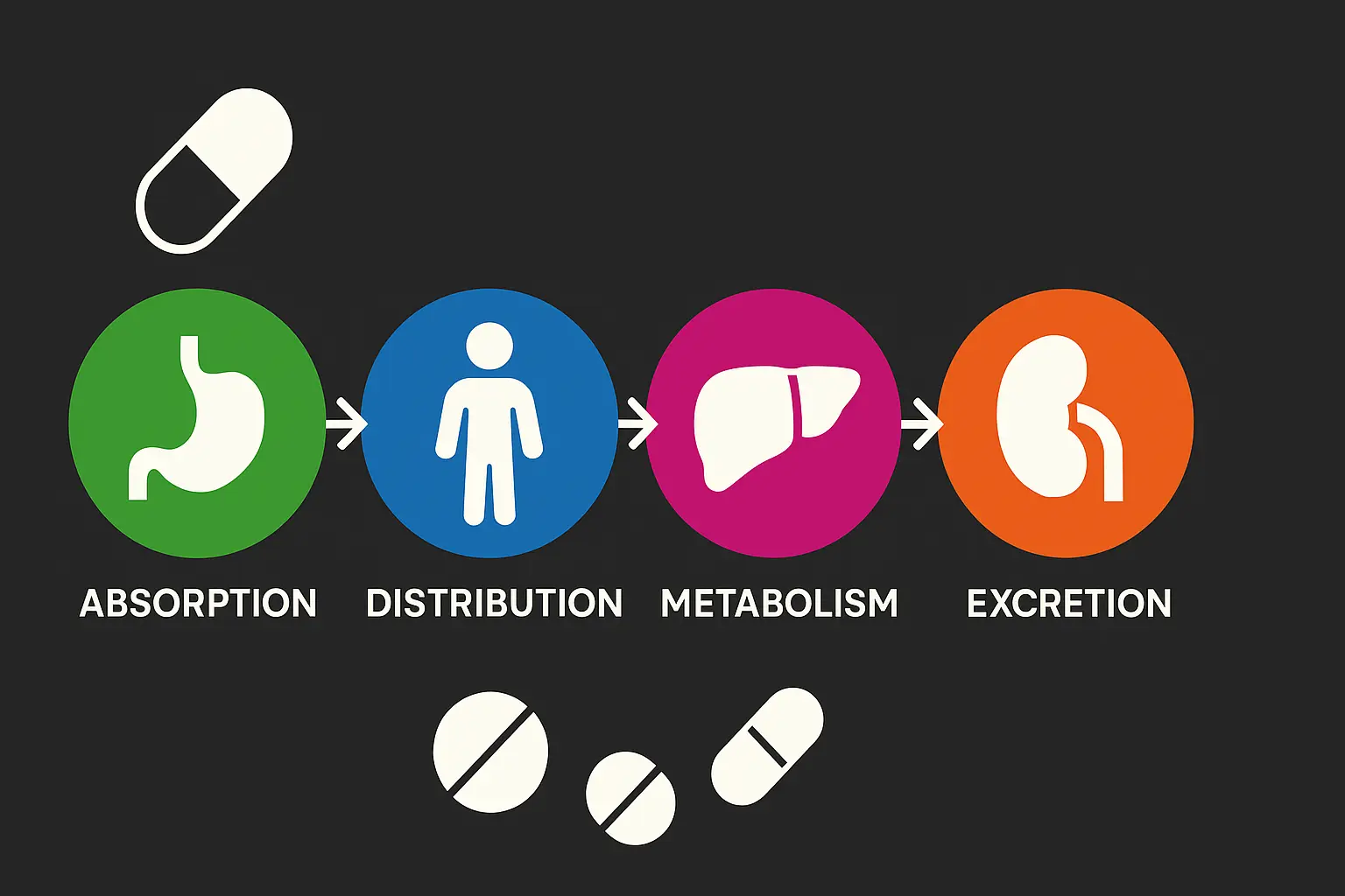 Conceptual diagram illustrating ADME (Absorption, Distribution, Metabolism, Excretion) of a drug