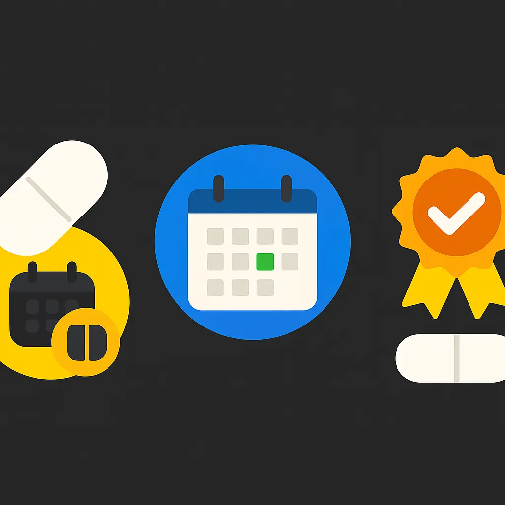 Visual representation of medication dosage, a calendar for trial duration, and a quality seal