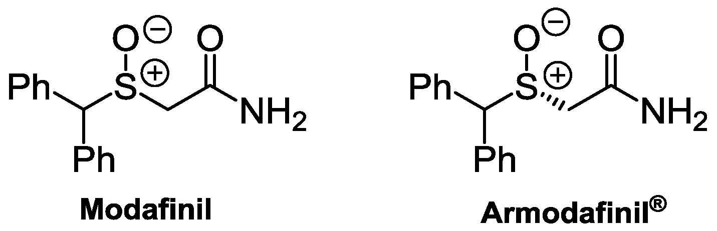 Two similar molecular structures side by side representing modafinil and armodafinil