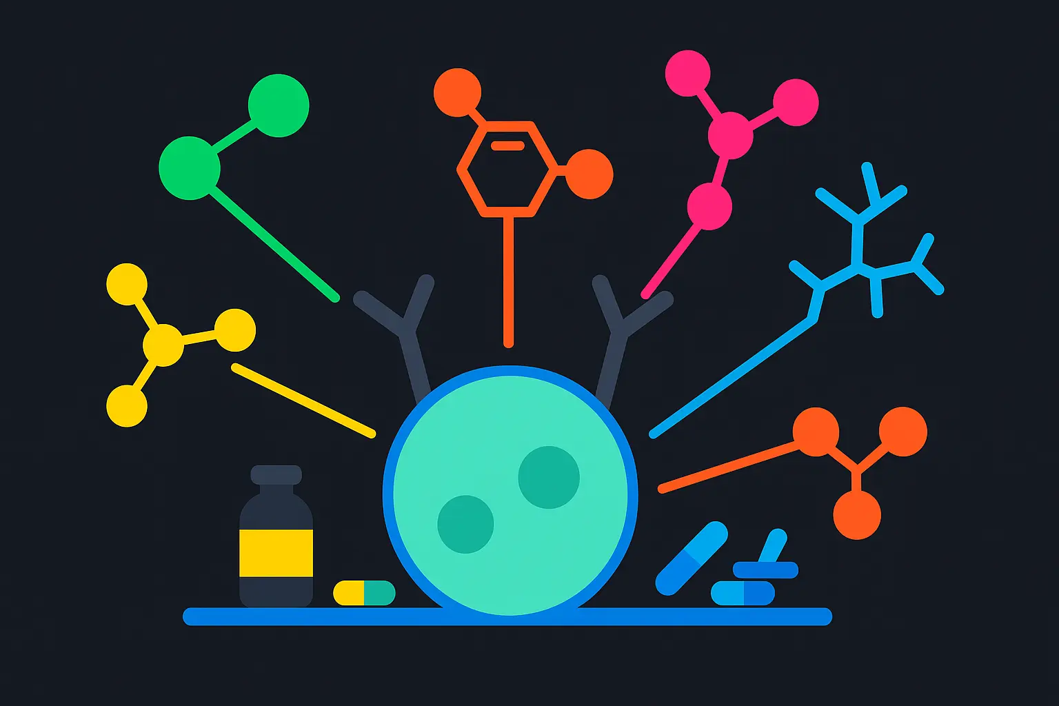 Abstract visualization of different molecules interacting, symbolizing drug interactions