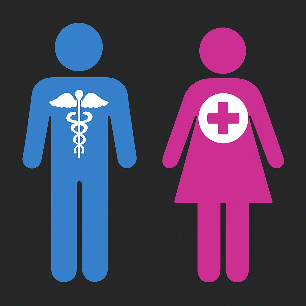 Symbolic representation of male and female figures with medical symbols