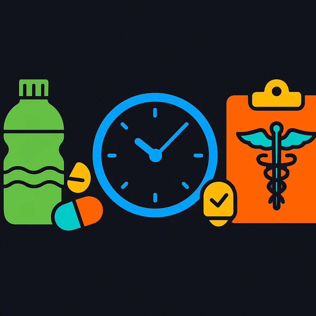 Visual showing various health management strategies like hydration, timing, and medical consultation