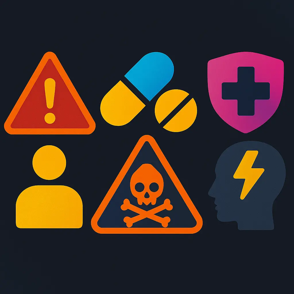 Medical safety symbols and warning icons representing drug side effects and safety considerations